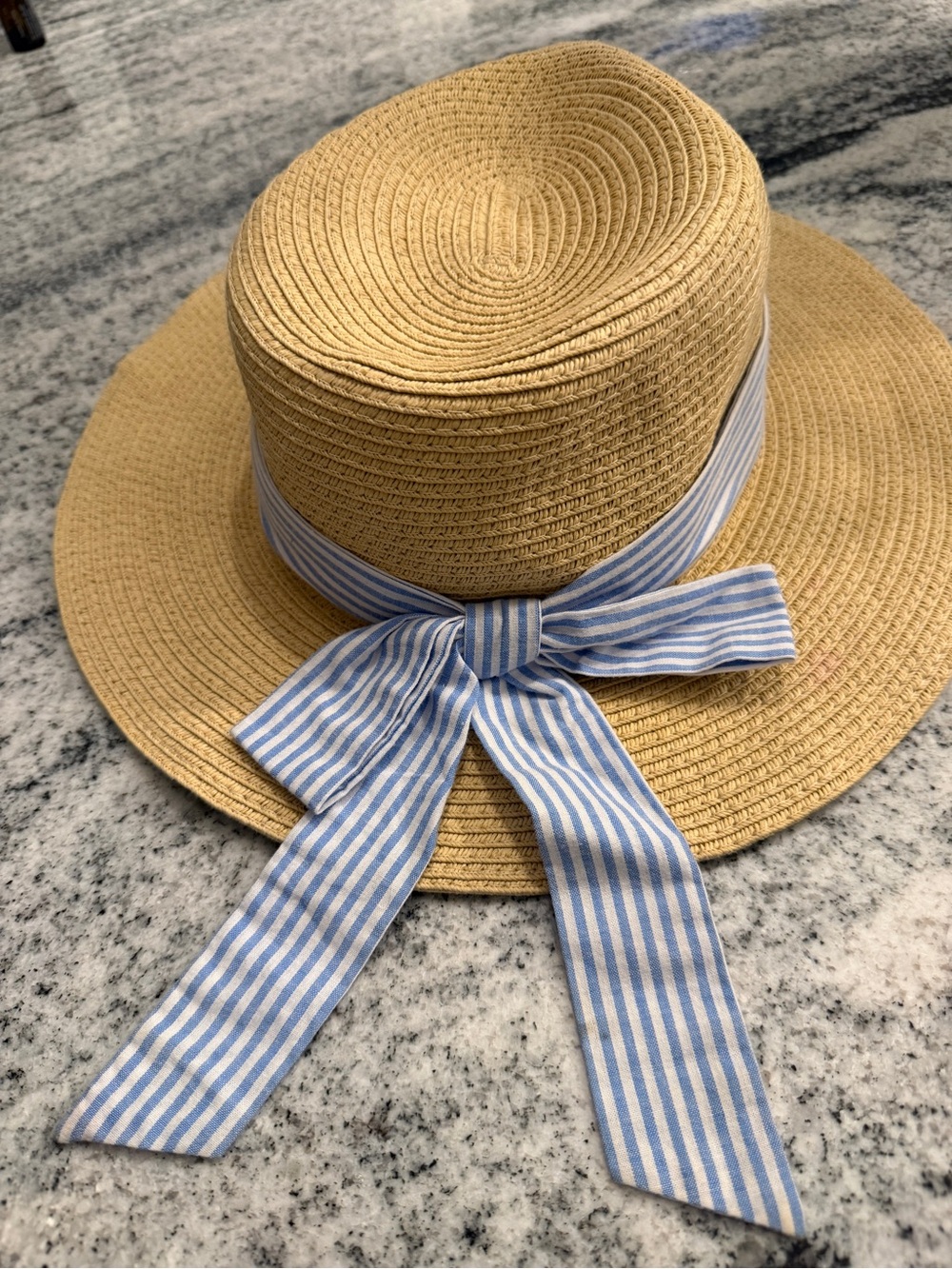 J. Crew Straw Sun Hat with Blue & White Striped Bow